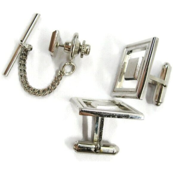 Cufflinks Tie Tac Set Floating Square Silver Tone Tux Suit Vintage - Picture 3 of 8